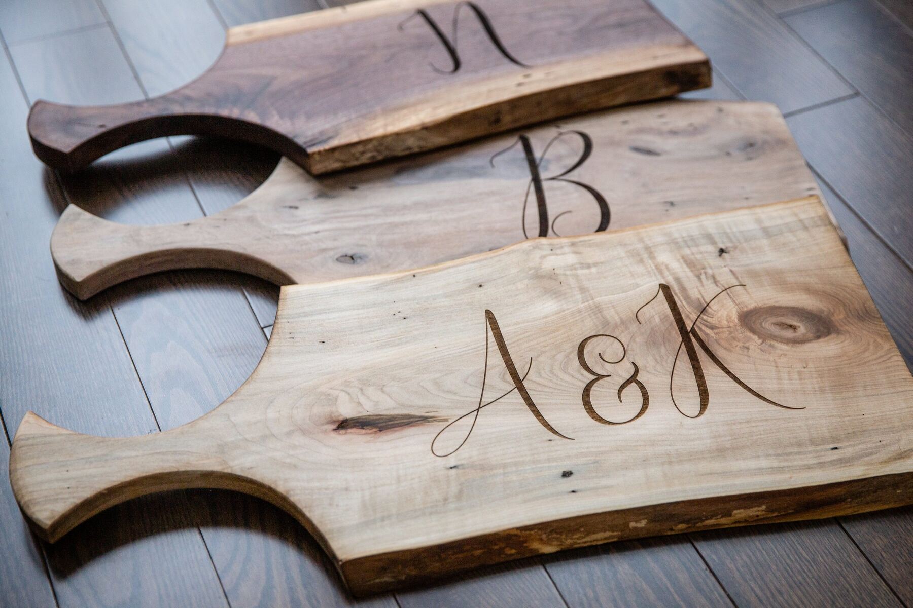 Live edge charcuterie board with engraved detail